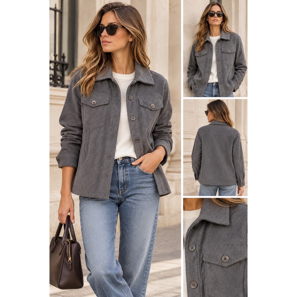 Avec Les Filles Gray Corduroy Shacket S Neutral Button Front Pockets Minimalist